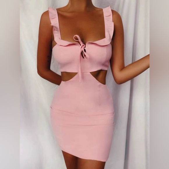 Tiger Mist Pink Cutout Bow Ruffle Mini Dress S NWT - Picture 2 of 11
